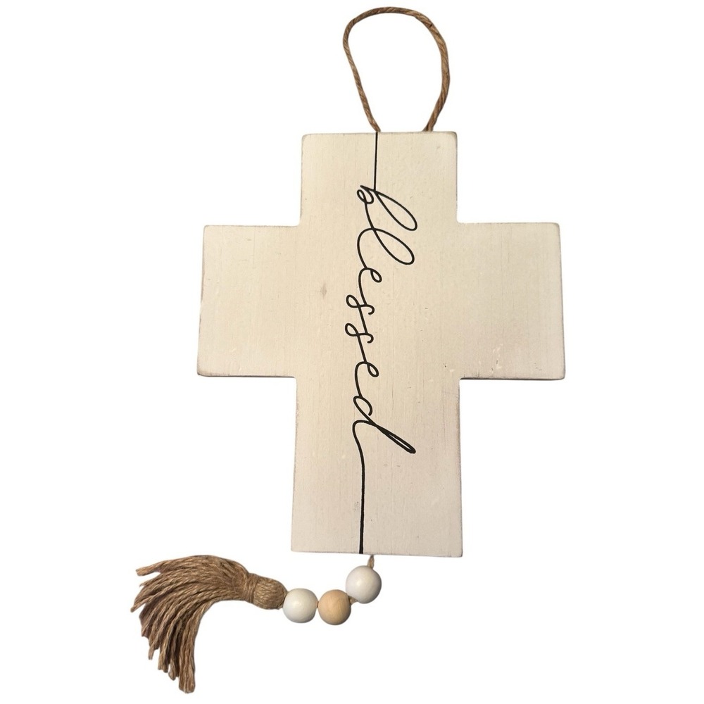 Blessed Cross Wood Art Wall Hanging Beads Tassel White Tan